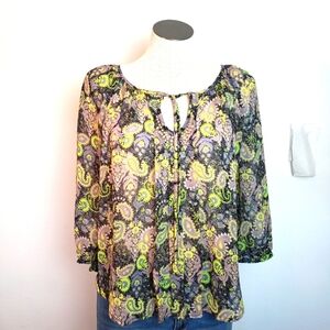 Princess Vera Wong Jewled Neck Sheer Neon Green & Black Women's Blouse Size S